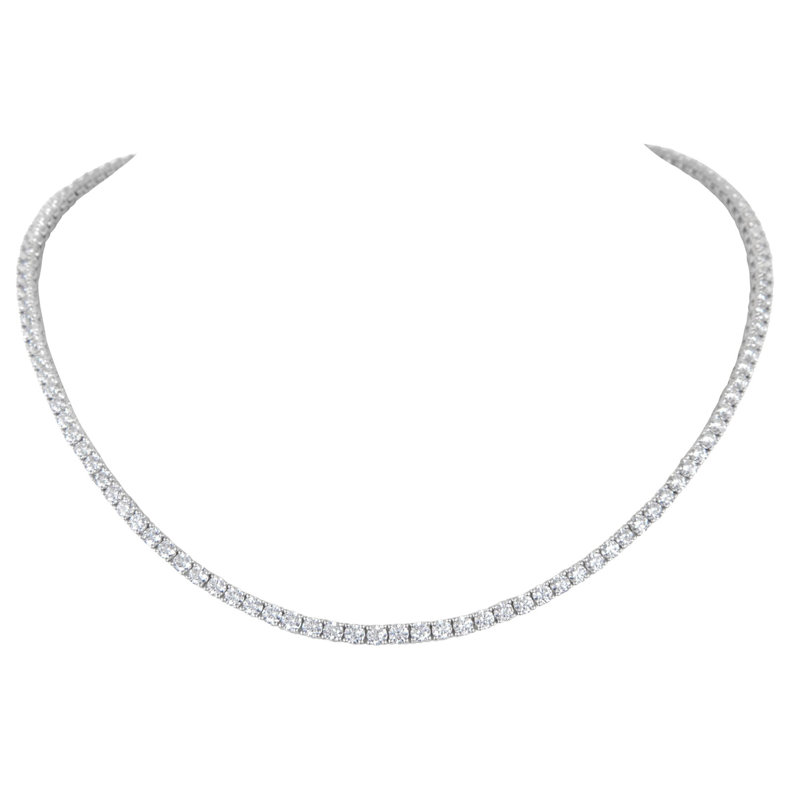 12.65ct Diamond Tennis Necklace 18k White Gold 16in: 12.65ct Diamond Tennis Necklace 18k White Gold 16in This exquisite diamond tennis necklace features 125 round brilliant diamonds totaling 12.65 carats, set in luxurious 18k white gold. The diamonds bo