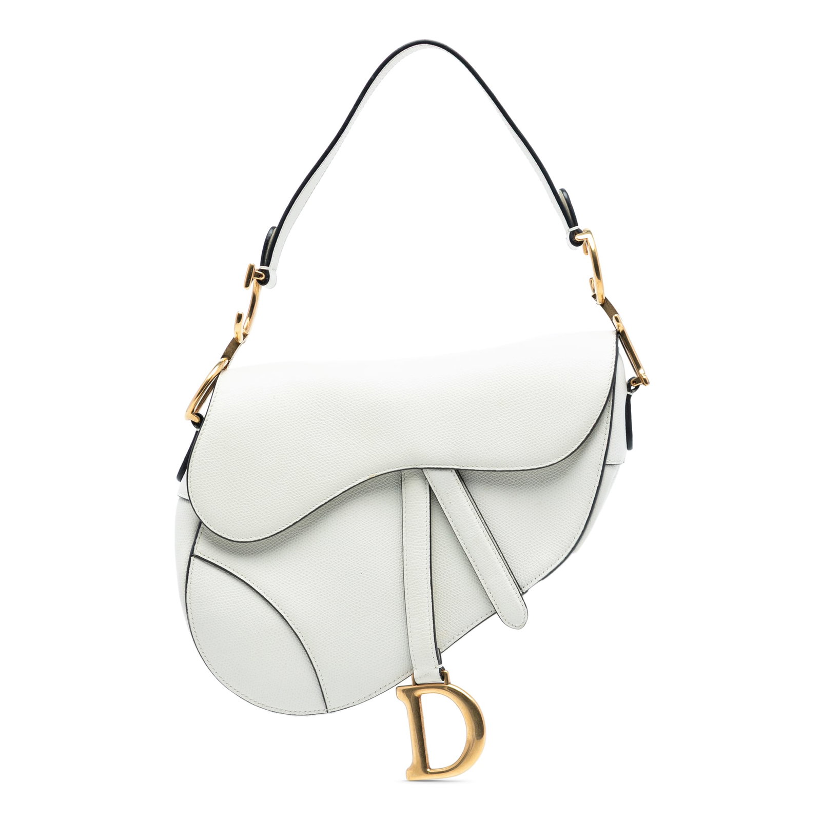 White Dior Saddle Shoulder Bag in Grained Leather: White Dior Saddle Shoulder Bag in Grained Leather This Dior Saddle bag is crafted from grained calfskin leather in white and features a flat leather shoulder strap, a front flap with magnetic closure,