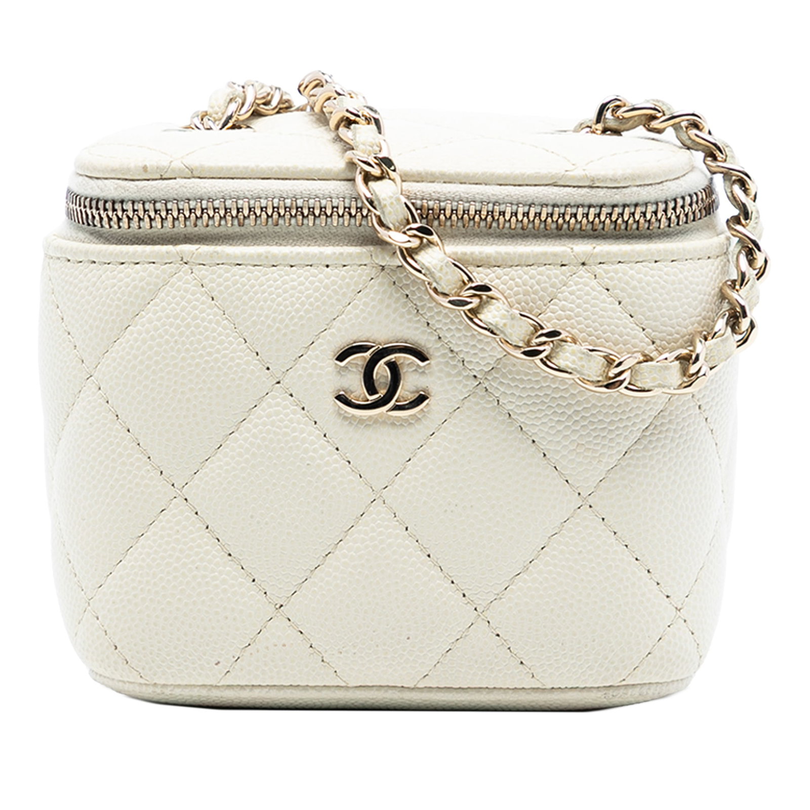 Chanel Mini Vanity Crossbody Bag Quilted Caviar Leather with Chain Strap: Chanel Mini Vanity Crossbody Bag Quilted Caviar Leather with Chain Strap This Chanel Mini CC Quilted Caviar Vanity Case features a quilted caviar leather exterior in white, complemented by a leather-w