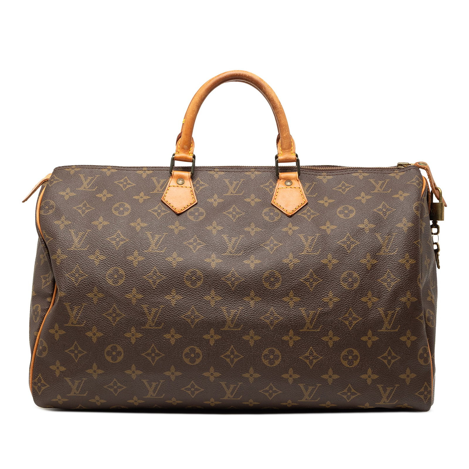 Louis Vuitton Speedy 40 Handbag in Monogram Canvas with Vachetta Leather Trim: Louis Vuitton Speedy 40 Handbag in Monogram Canvas with Vachetta Leather Trim The Louis Vuitton Monogram Speedy 40 features the iconic monogram canvas with vachetta leather trim and rolled vachetta le