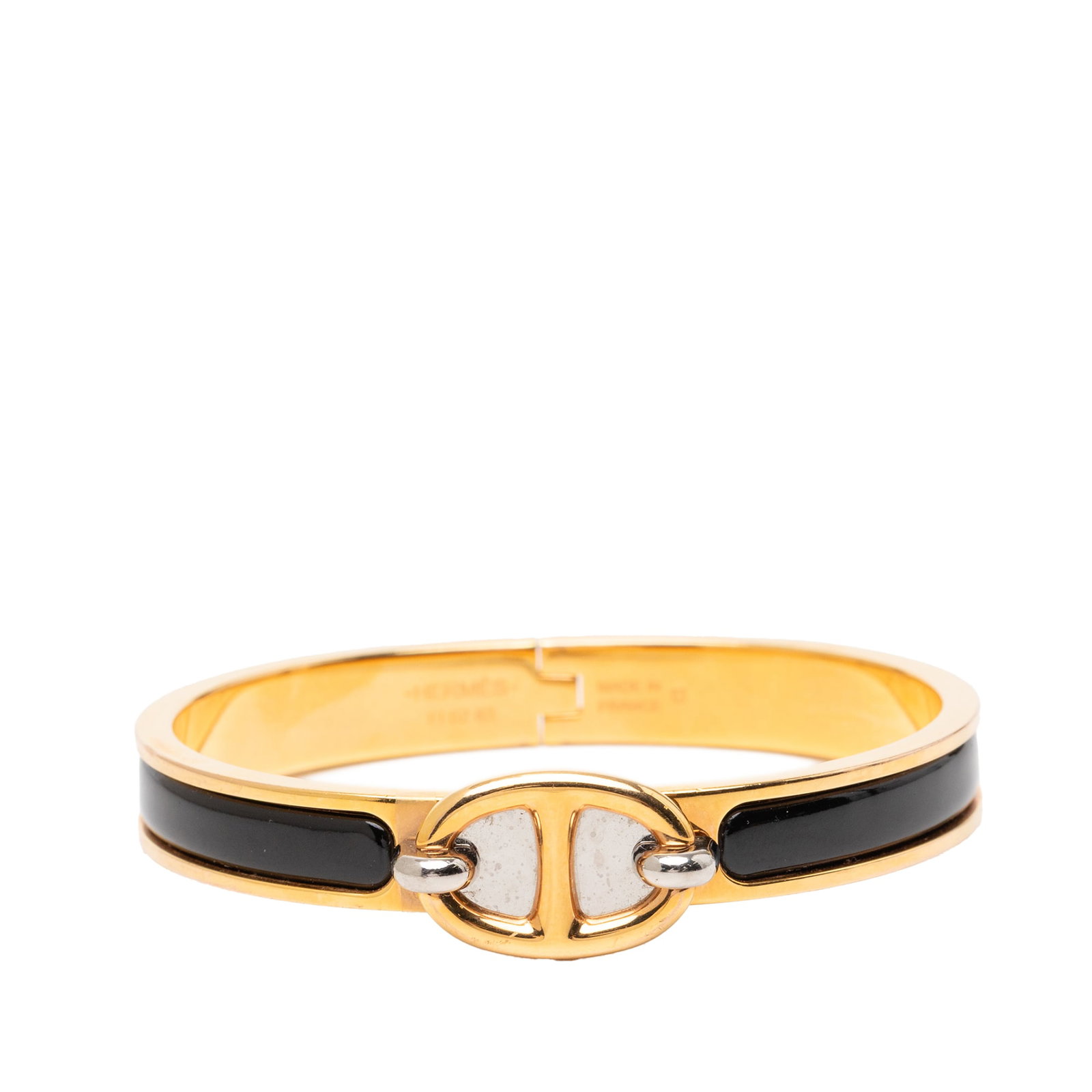 Hermes Clic Chaine d Ancre PM Black Enamel Gold Plated Mini Bracelet: Hermes Clic Chaine d Ancre PM Black Enamel Gold Plated Mini Bracelet This Hermes Mini Enamel Clic Chaine d'Ancre Bracelet PM features a gold-plated and enamel body with a metal clasp closure. The brac