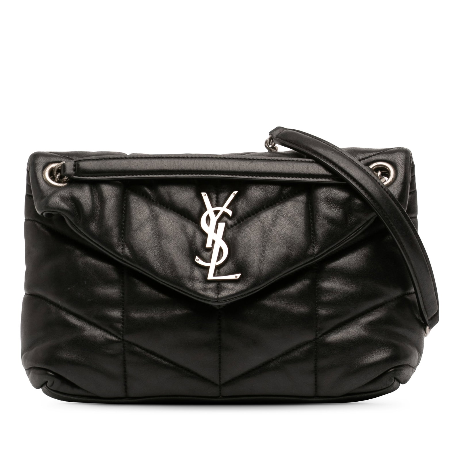 Saint Laurent Loulou Puffer Black Quilted Lambskin Small Shoulder Bag: Saint Laurent Loulou Puffer Black Quilted Lambskin Small Shoulder Bag This Saint Laurent Small Matelasse Lambskin Monogram Loulou Puffer Shoulder Bag showcases a quilted lambskin leather design in bla