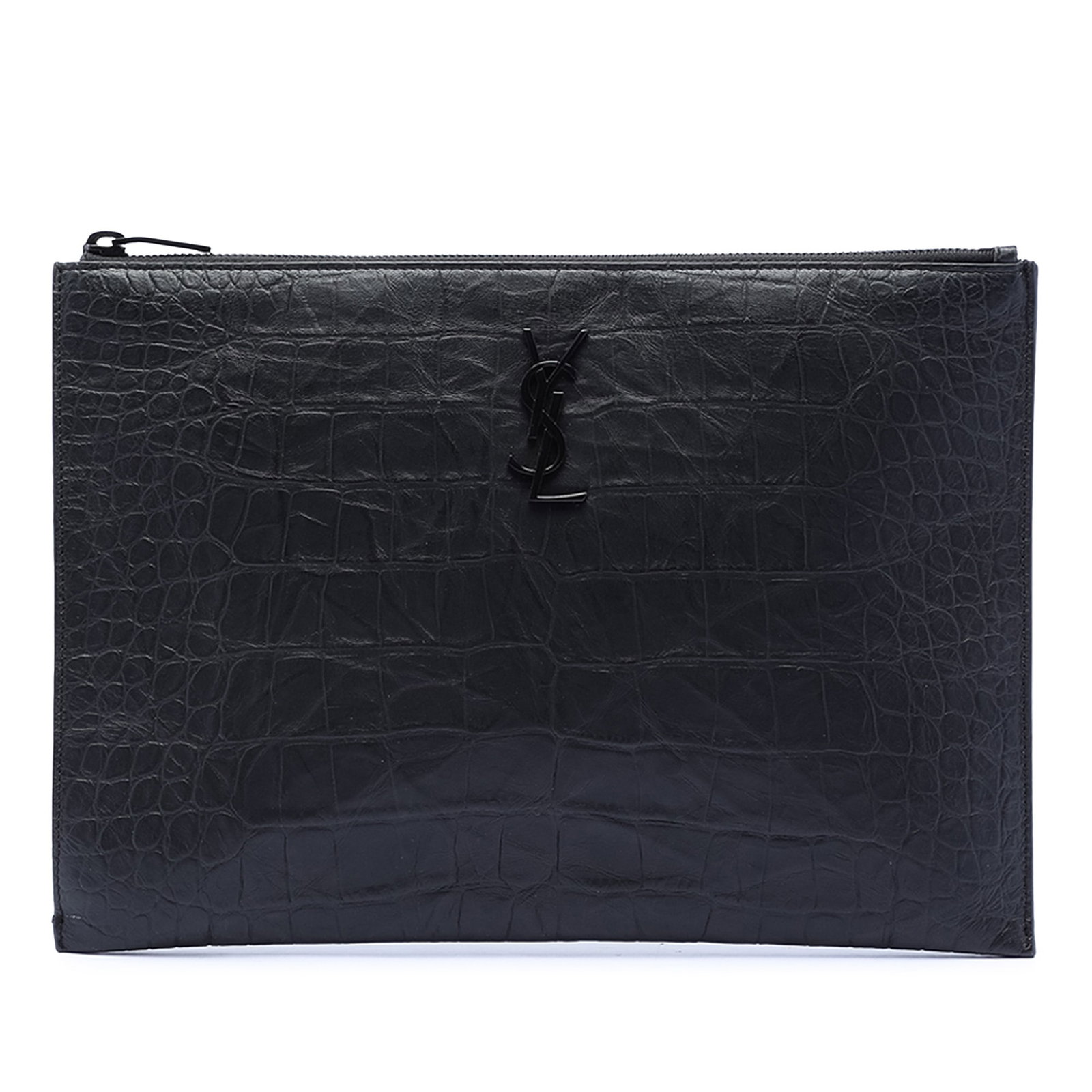 Black Croc Embossed Leather Clutch Bag by Saint Laurent: Black Croc Embossed Leather Clutch Bag by Saint Laurent This clutch bag features a croc-embossed leather body with a sleek black finish, a top zip closure, and an interior slip pocket. Made in Italy, 