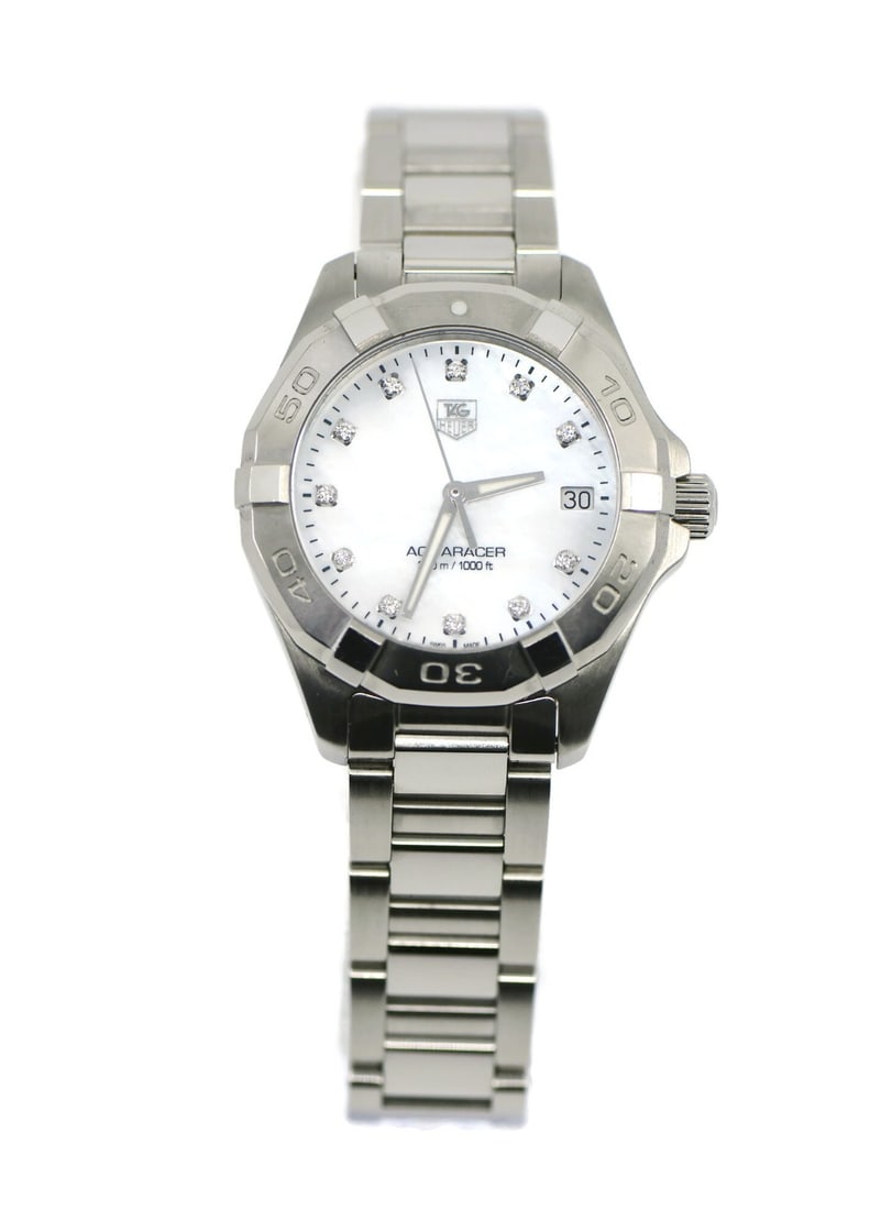 Aquaracer WAY1313 Stainless Steel Diamond Quartz Watch by TAG Heuer with Box: Aquaracer WAY1313 Stainless Steel Diamond Quartz Watch by TAG Heuer with Box This TAG Heuer Aquaracer wristwatch features a stainless steel case and band, complemented by a diamond-set bezel. The watc