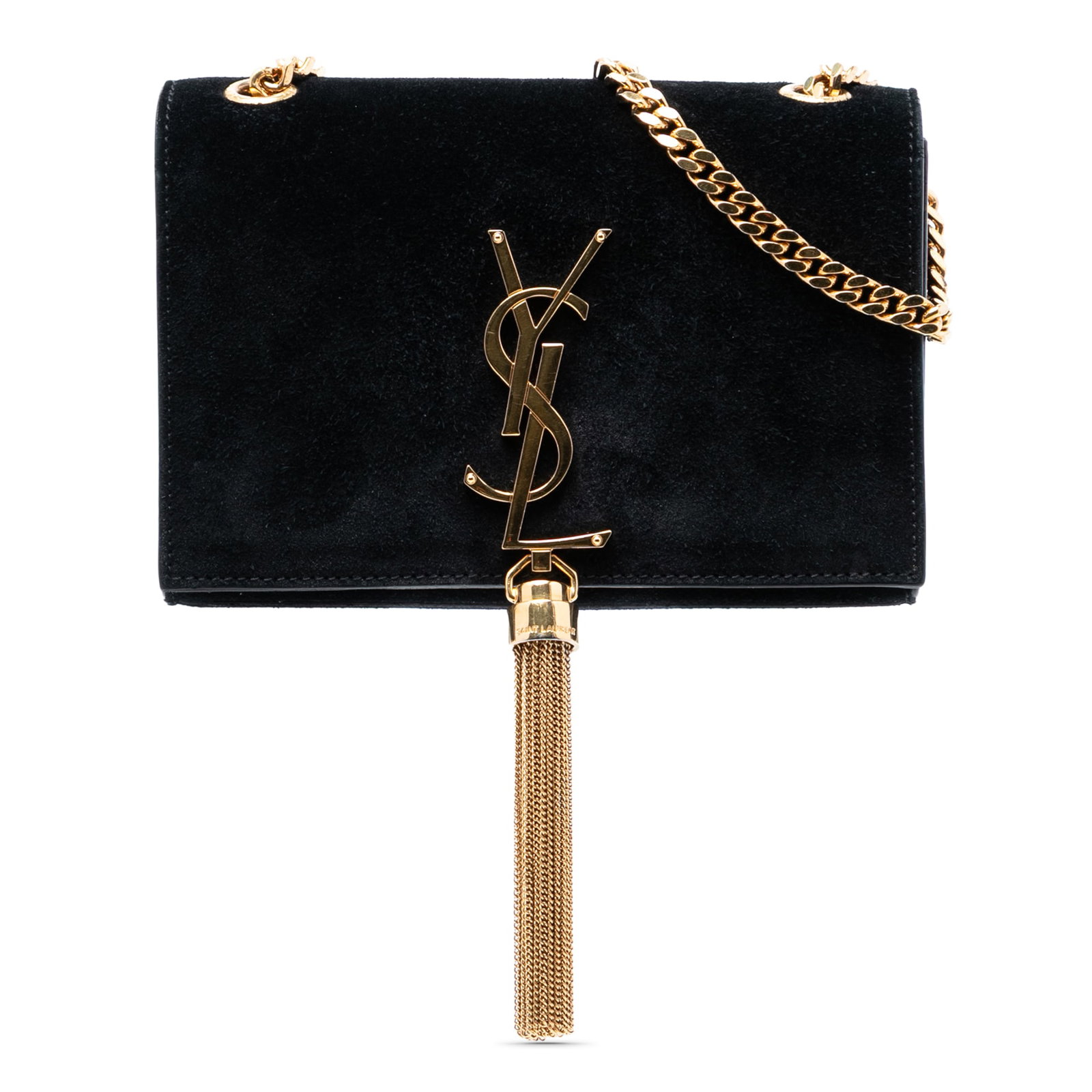 Black Suede Kate Crossbody Bag with Tassel by Saint Laurent: Black Suede Kate Crossbody Bag with Tassel by Saint Laurent This Small Suede Monogram Kate Tassel Crossbody bag features a suede leather body in black, a chain-link strap, a front flap with a magnetic