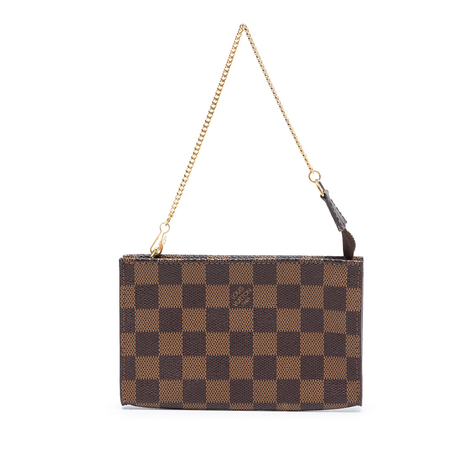 Brown Canvas Pouch with Chain Handle Damier Ebene Marais by Louis Vuitton: Brown Canvas Pouch with Chain Handle Damier Ebene Marais by Louis Vuitton This Louis Vuitton Damier Ebene Marais Bucket Pouch features a brown Damier Ebene canvas body, a chain link handle, and a top 
