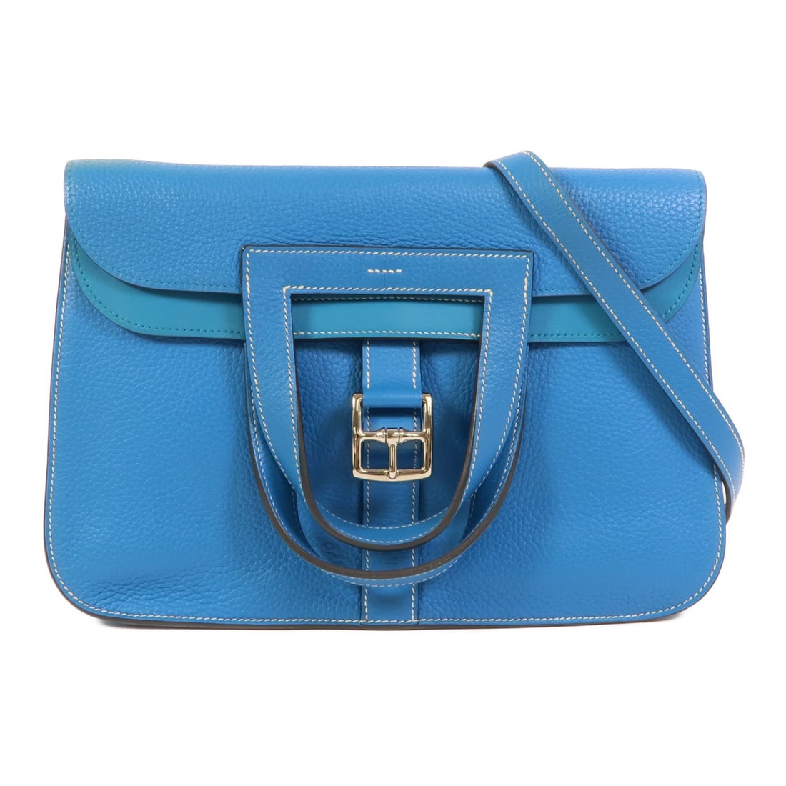 Hermes Halzan 31 Bleu Hydra Clemence Leather 2 Way Shoulder Bag: Hermes Halzan 31 Bleu Hydra Clemence Leather 2 Way Shoulder Bag This Hermes Halzan 31 is a versatile 2-way shoulder handbag crafted from Clemence calfskin leather in a striking Bleu Hydra color. Desig