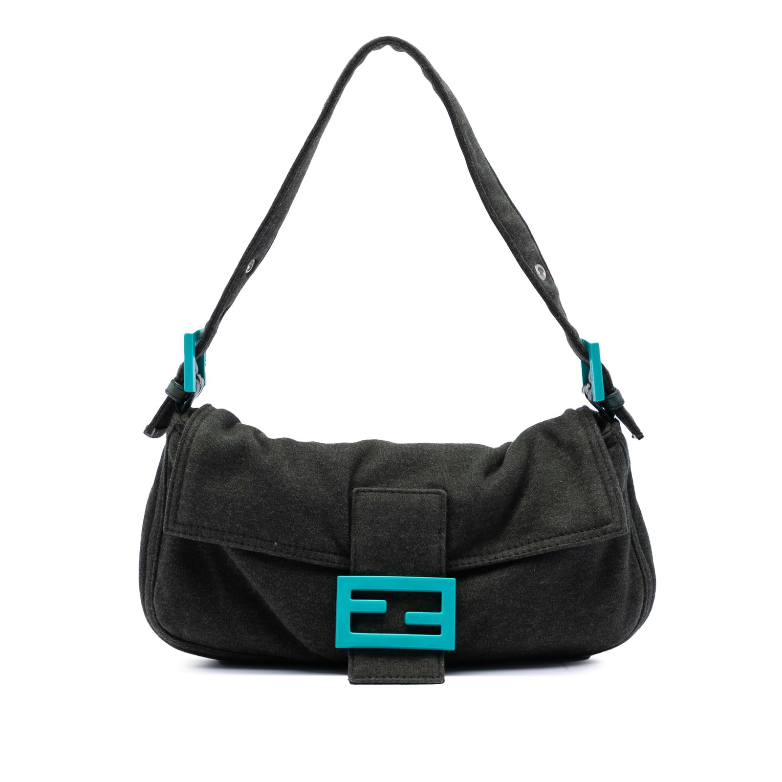 Green Wool Shoulder Bag by Fendi Baguette: Green Wool Shoulder Bag by Fendi Baguette This Fendi Wool Baguette shoulder bag features a green wool fabric body with an adjustable flat strap and a flap secured by a magnetic snap closure. The inter