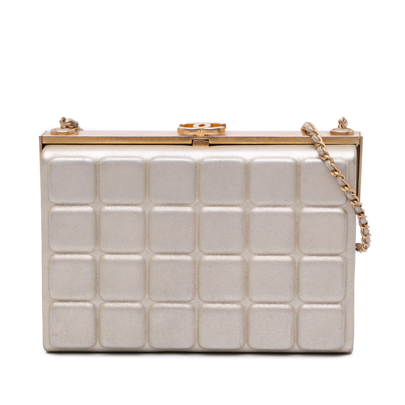 Chanel Chocolate Bar Gold Metallic Lambskin Clutch with Chain: Chanel Chocolate Bar Gold Metallic Lambskin Clutch with Chain Elevate your accessory collection with this elegant Chanel Chocolate Bar Metallic Lambskin Frame Clutch. Crafted from luxurious metallic l
