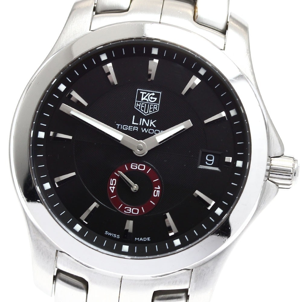 TAG Heuer Link Tiger Woods automatic stainless steel men's watch WJ2110: TAG Heuer Link Tiger Woods automatic stainless steel men's watch WJ2110 This TAG Heuer Link Tiger Woods Small Seconds men's wristwatch features a stainless steel case and bracelet with a black dial. T