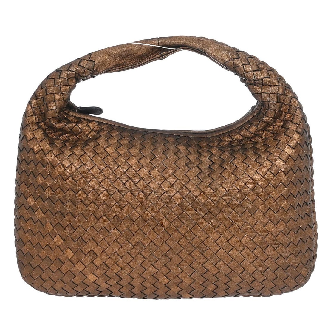 Intrecciato Large Hobo Bag in Metallic Bronze Lambskin by Bottega Veneta: Intrecciato Large Hobo Bag in Metallic Bronze Lambskin by Bottega Veneta This Bottega Veneta hobo handbag features the signature Intrecciato pattern in metallic bronze lambskin leather. It offers a sp