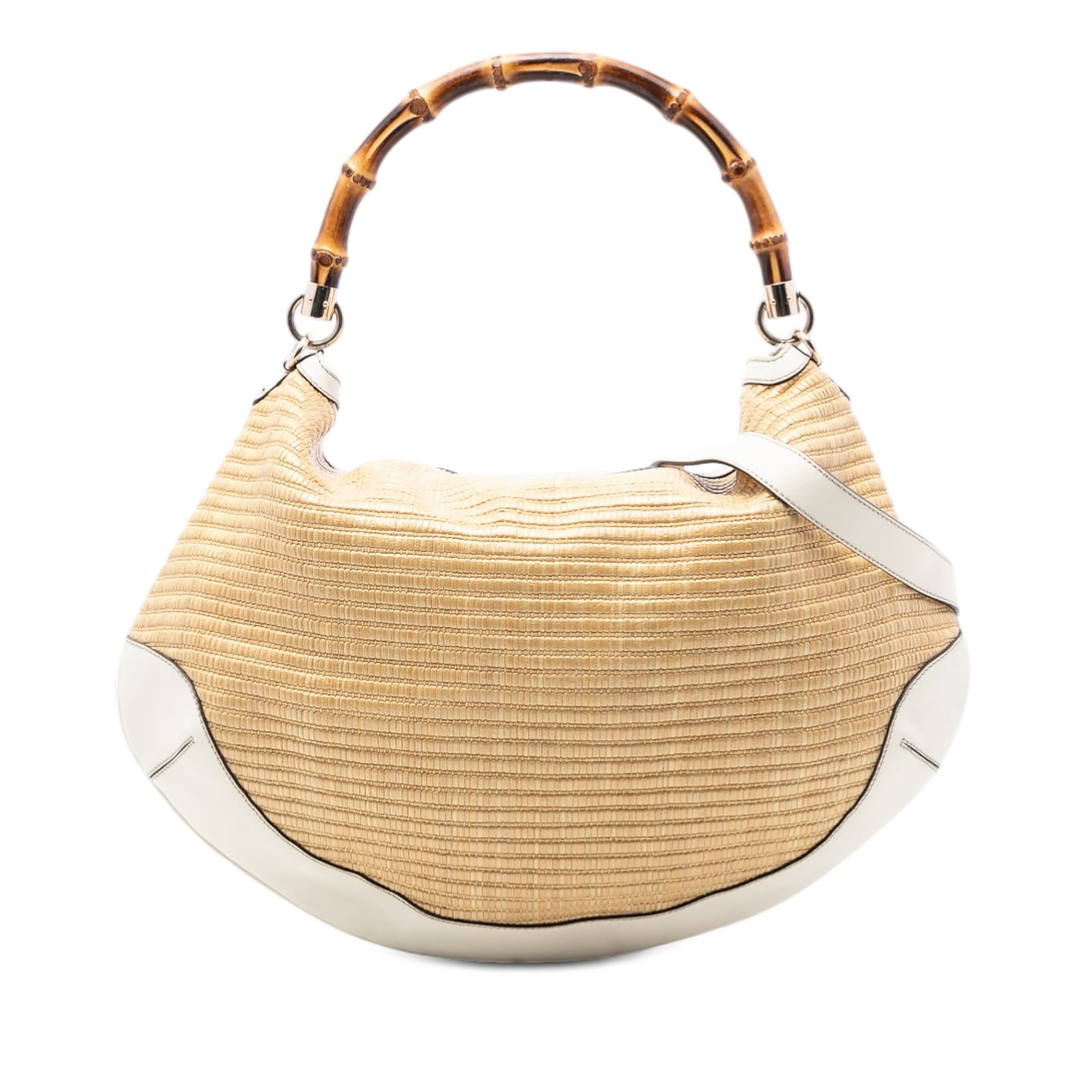 Gucci Peggy Bamboo Handle Raffia Satchel with Leather Trim: Gucci Peggy Bamboo Handle Raffia Satchel with Leather Trim This Gucci Raffia Peggy Bamboo Hobo satchel features a raffia body with leather trim, a signature bamboo handle, a detachable flat leather st