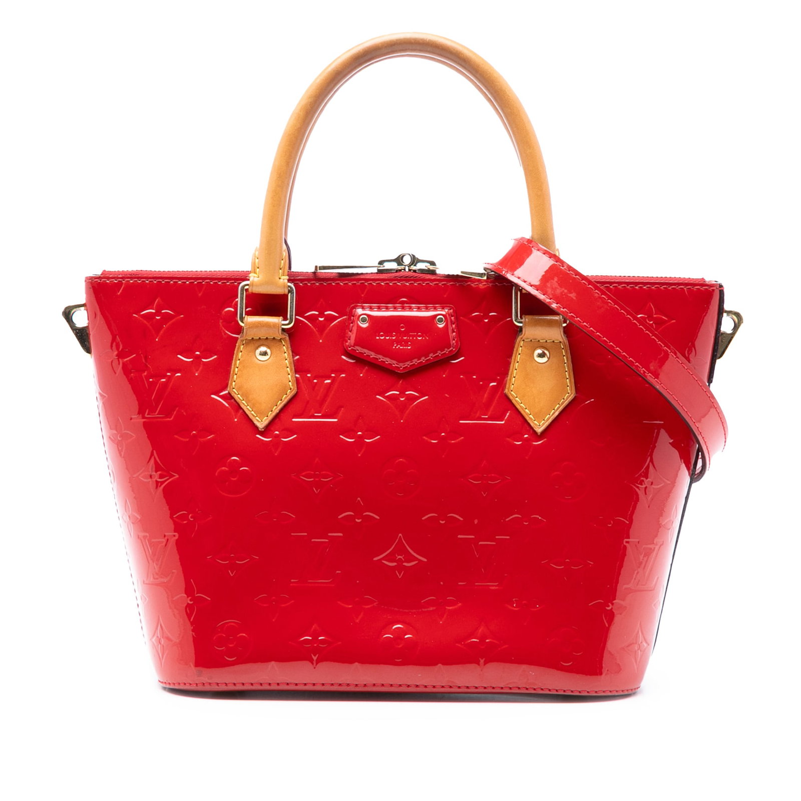 Louis Vuitton Montebello PM Red Vernis Leather Shoulder Bag: Louis Vuitton Montebello PM Red Vernis Leather Shoulder Bag The Louis Vuitton Monogram Vernis Montebello PM features a vernis leather body with rolled vachetta leather handles and a detachable vernis 