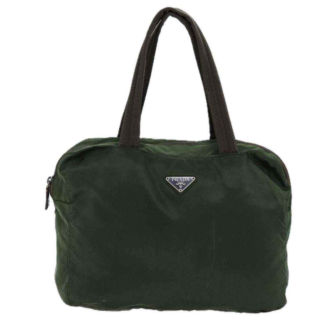 Prada Tessuto Khaki Nylon Bowling Shoulder Bag 30cm x 23cm x 10cm: Prada Tessuto Khaki Nylon Bowling Shoulder Bag 30cm x 23cm x 10cm This Prada Bowling Shoulder Bag in khaki features a nylon construction and is designed for women. Made in Italy, the bag shows signs o