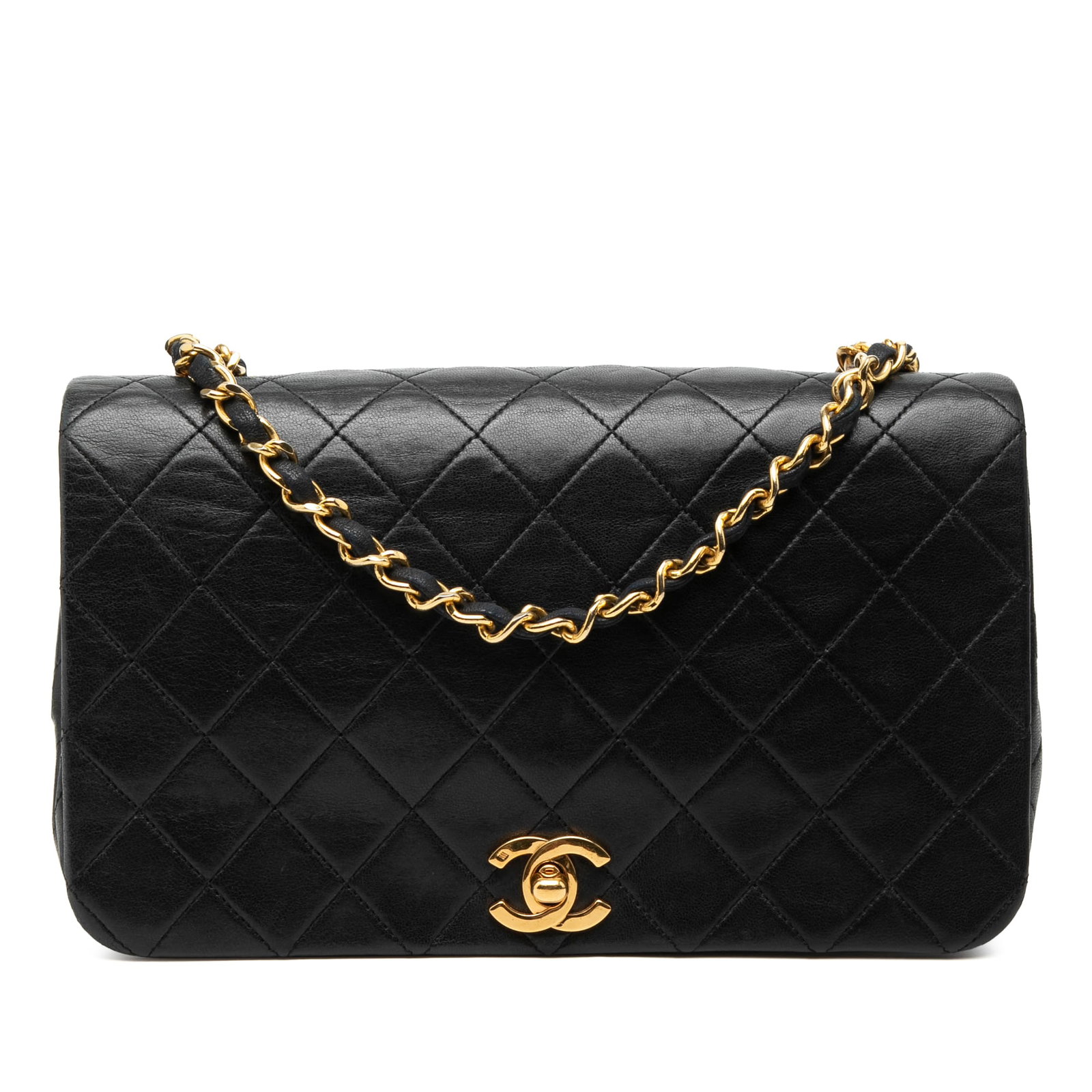 Chanel Black Quilted Lambskin Crossbody Bag with CC Turn Lock: Chanel Black Quilted Lambskin Crossbody Bag with CC Turn Lock This Chanel crossbody bag features a quilted lambskin leather exterior in black, a leather-woven chain strap, a front flap with CC turn-lo