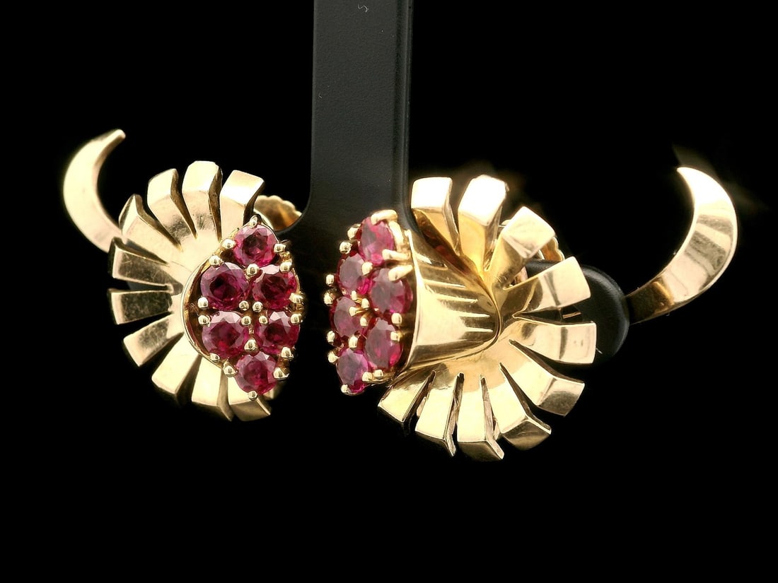 Vintage Retro 14k Gold GIA Certified 3ctw No Heat Burma Ruby Flower Earrings - 10