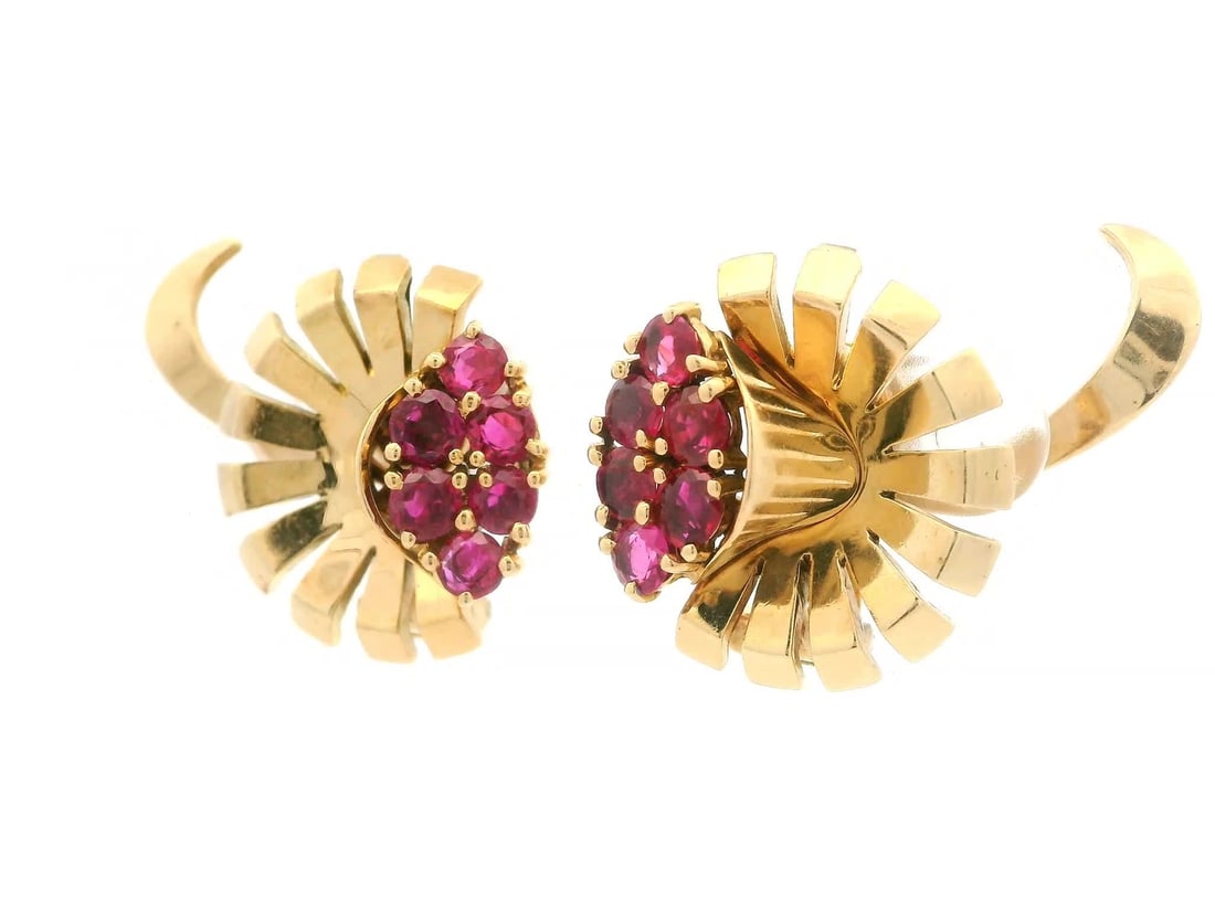 Vintage Retro 14k Gold GIA Certified 3ctw No Heat Burma Ruby Flower Earrings - 2