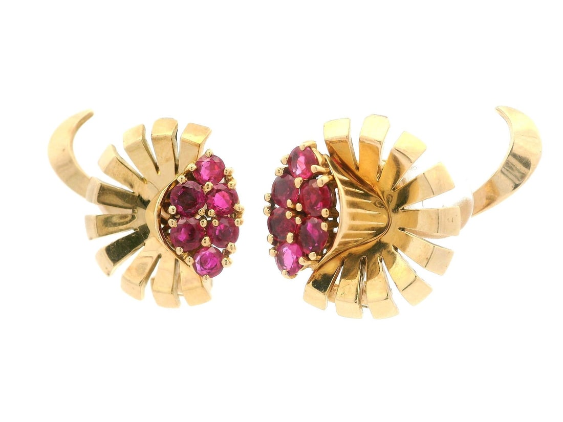 Vintage Retro 14k Gold GIA Certified 3ctw No Heat Burma Ruby Flower Earrings - 3