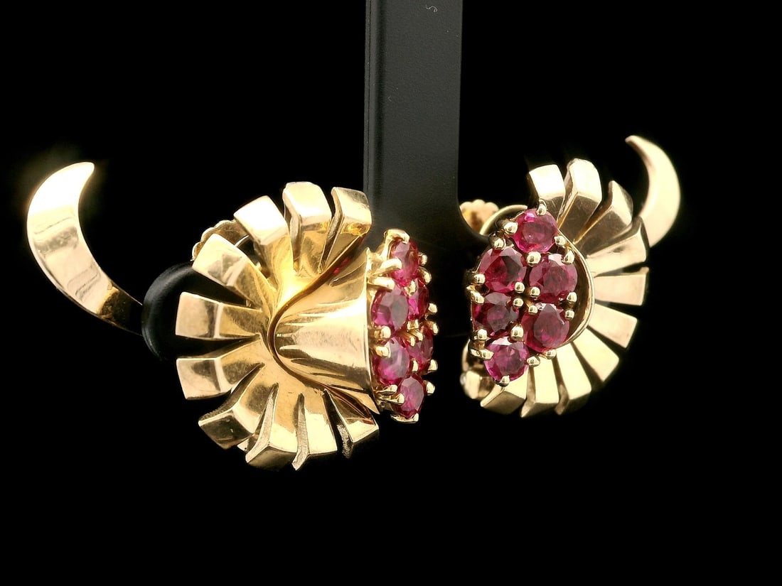 Vintage Retro 14k Gold GIA Certified 3ctw No Heat Burma Ruby Flower Earrings - 9