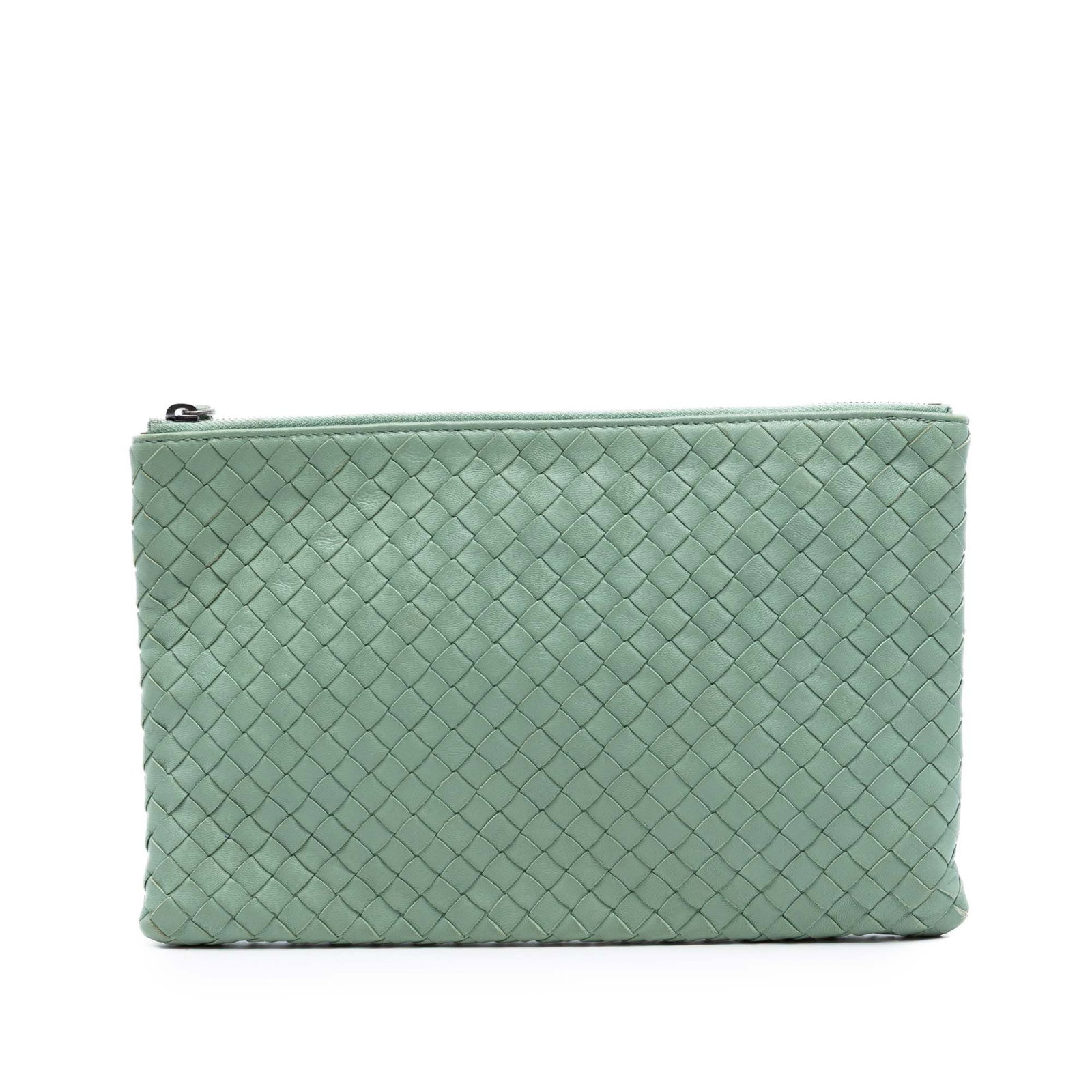 Green Nappa Leather Woven Clutch by Bottega Veneta: Green Nappa Leather Woven Clutch by Bottega Veneta This clutch features a woven nappa leather construction with a top zip closure. The exterior shows signs of wear on the back, bottom, corners, front,