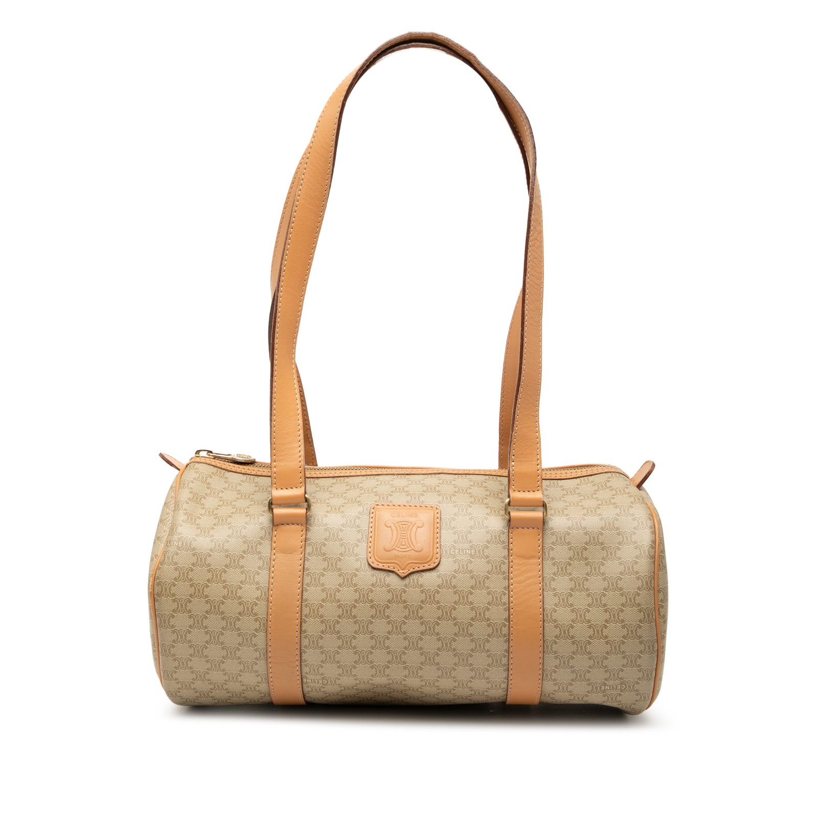 Celine Macadam Beige Coated Canvas Shoulder Purse with Leather Trim: Celine Macadam Beige Coated Canvas Shoulder Purse with Leather Trim This Celine Macadam shoulder bag features a coated canvas body with leather trim, flat leather straps, a top zip closure, and an int