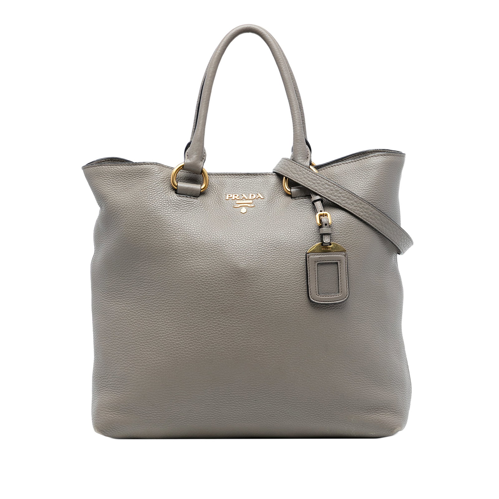 Gray Leather Prada Vitello Daino Convertible Satchel with Removable Strap: Gray Leather Prada Vitello Daino Convertible Satchel with Removable Strap This Prada Vitello Daino Open Convertible Tote features a gray leather body with rolled leather handles and a detachable strap