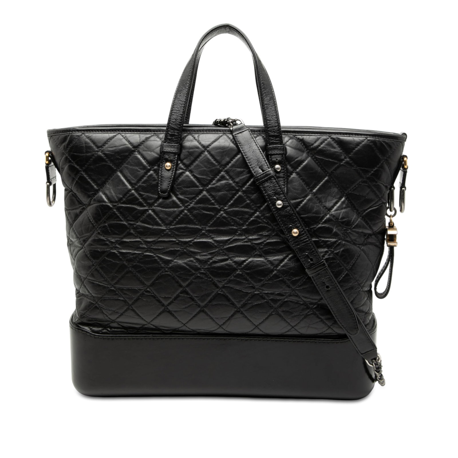 Gabrielle Large Black Quilted Tote Bag by Chanel with Chain Strap: Gabrielle Large Black Quilted Tote Bag by Chanel with Chain Strap This Chanel Large Aged Calfskin Gabrielle Shopping Tote features a quilted leather body in black, flat leather handles, and a detachab