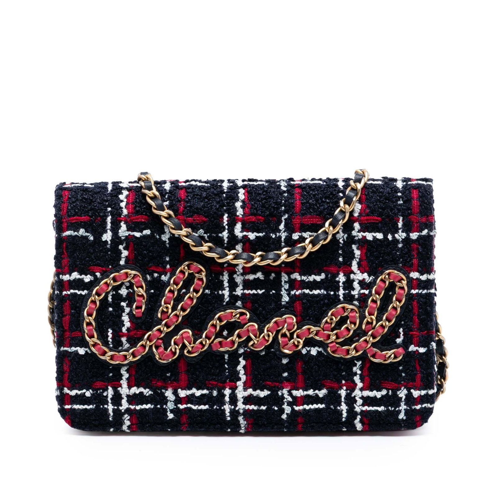 Chanel Tweed Wallet on Chain with Chain Logo Detailing: Chanel Tweed Wallet on Chain with Chain Logo Detailing This Chanel Tweed Written in Chain Logo Wallet on Chain features a quilted tweed body in blue, complemented by a leather-woven chain link strap. 