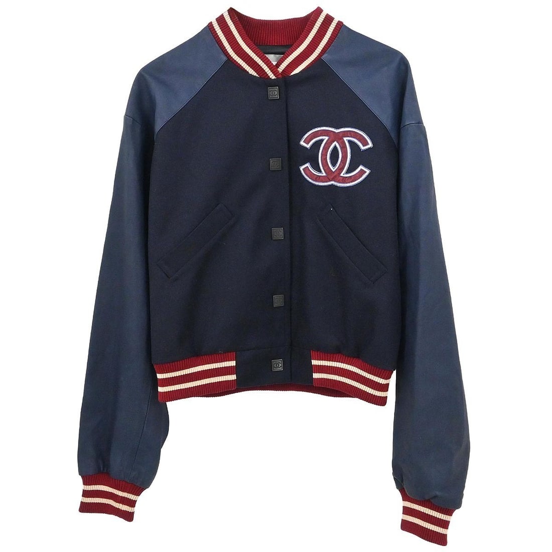 Navy Wool Lambskin Chanel Sport Letterman Bomber Jacket Size 38 04P (1 of 11)