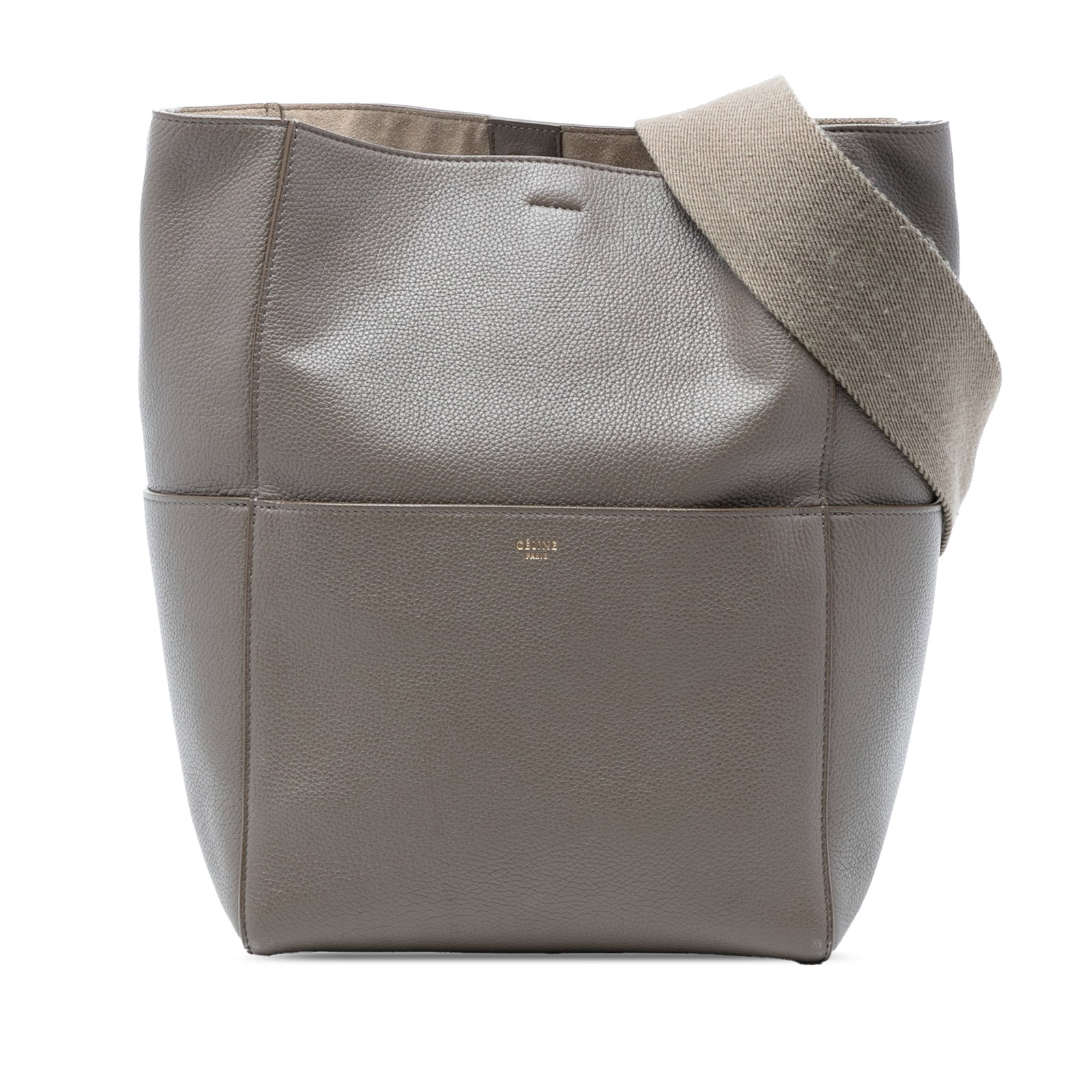 Celine Seau Sangle Medium Brown Leather Bucket Bag with Canvas Strap: Celine Seau Sangle Medium Brown Leather Bucket Bag with Canvas Strap This Celine Medium Leather Seau Sangle Bucket Bag showcases a leather body with a brown finish and features a detachable flat canva