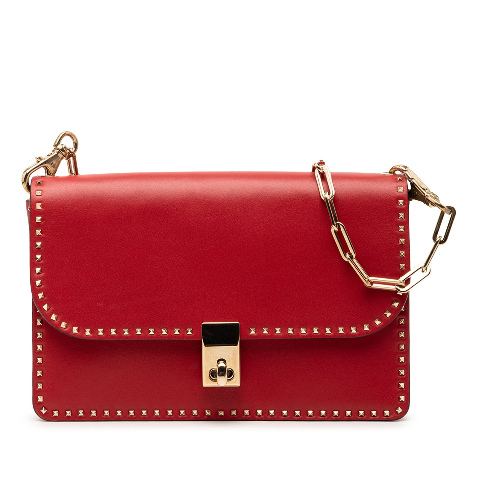Red Leather Rockstud Crossbody Bag with Gold Chain by Valentino: Red Leather Rockstud Crossbody Bag with Gold Chain by Valentino This Valentino Rockstud crossbody bag showcases a red leather body adorned with signature stud details. It features a front flap with a 