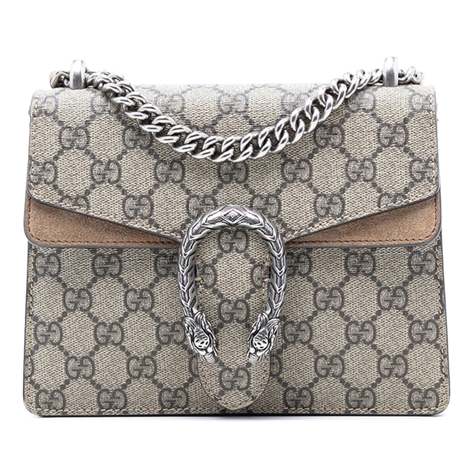 Gucci Dionysus Small GG Supreme Canvas Crossbody Bag with Suede Trim: Gucci Dionysus Small GG Supreme Canvas Crossbody Bag with Suede Trim This Gucci Small GG Supreme Dionysus crossbody bag features a coated canvas exterior with suede leather trim, a silver-tone chain s