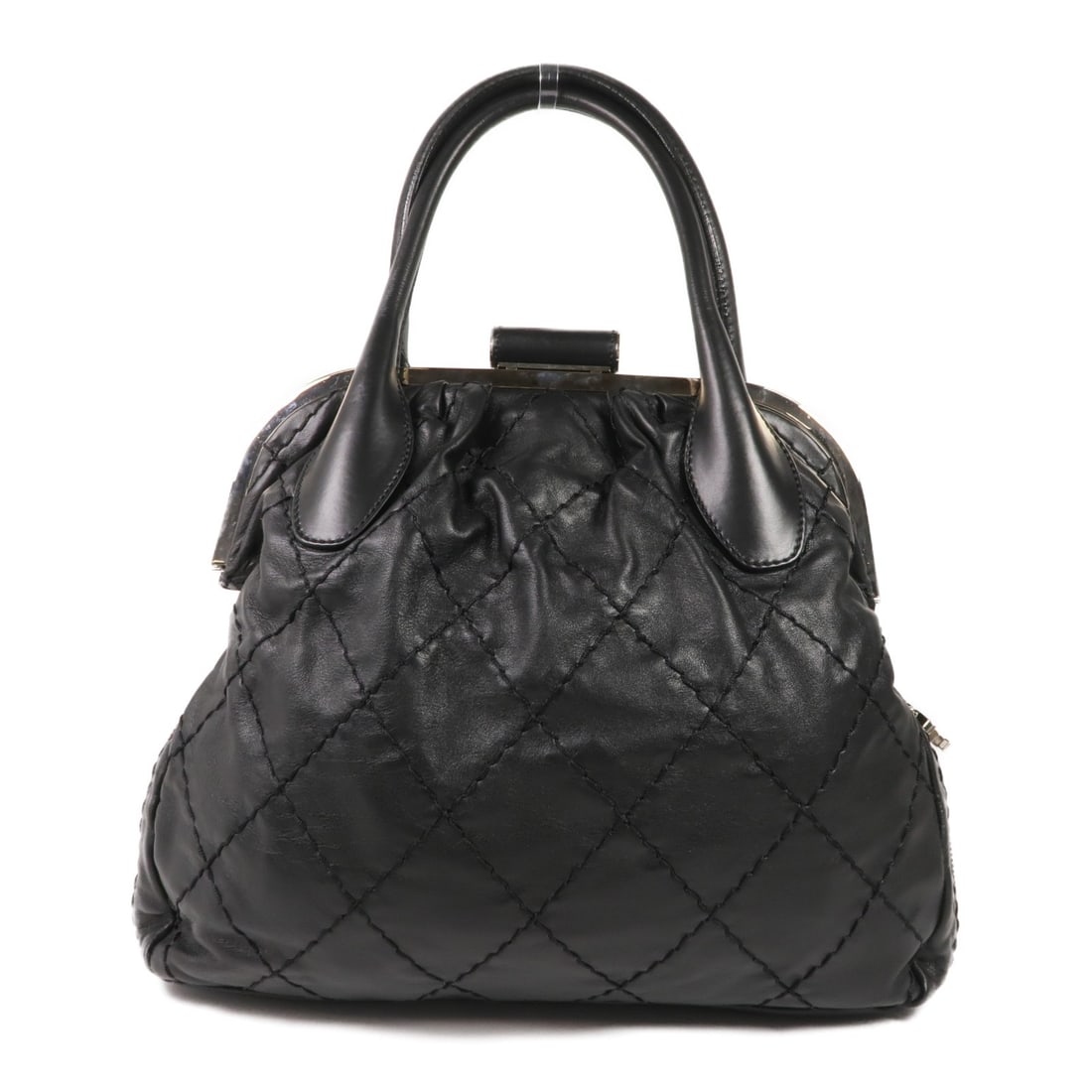 CHANEL Black Calfskin Leather Handbag with Silver Hardware: CHANEL Black Calfskin Leather Handbag with Silver Hardware This elegant CHANEL handbag is crafted from premium calfskin leather in a classic black finish. The handbag features a structured silhouette 