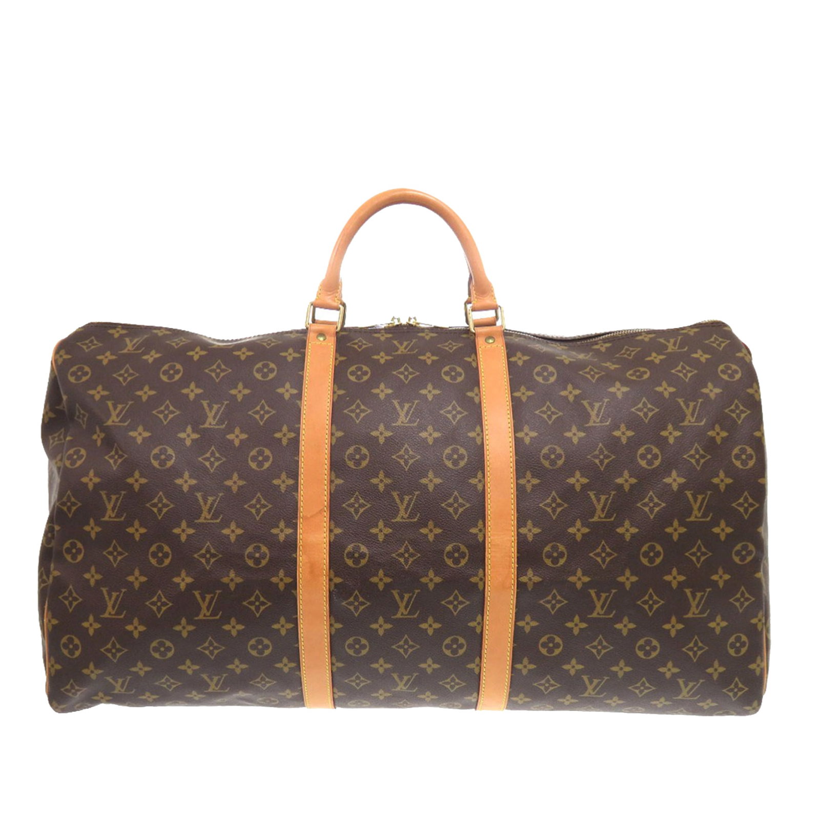 Louis Vuitton Keepall 60 Monogram Canvas Travel Bag with Leather Handles: Louis Vuitton Keepall 60 Monogram Canvas Travel Bag with Leather Handles This Louis Vuitton Monogram Keepall 60 features the signature monogram canvas body with rolled vachetta leather handles and a t