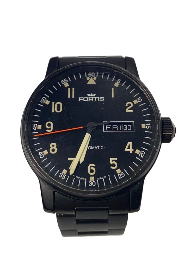 Fortis Flieger Stainless Steel Black Dial Men's Wristwatch: Fortis Flieger Stainless Steel Black Dial Men's Wristwatch This FORTIS Flieger Day-Date 595.18.158.1 men's wristwatch features a stainless steel case and band in a classic black color. Designed in Swi