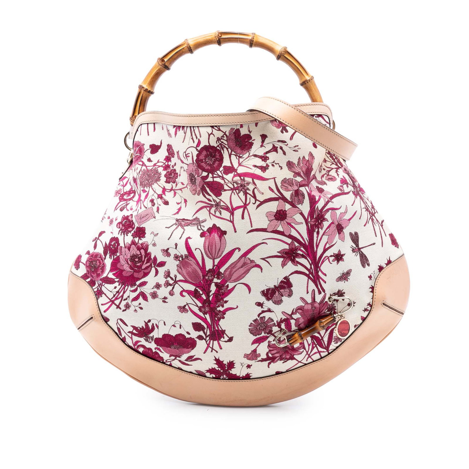 Floral Canvas Hobo Bag with Bamboo Handle Gucci Peggy Collection: Floral Canvas Hobo Bag with Bamboo Handle Gucci Peggy Collection This Gucci Flora Peggy Bamboo Hobo features a floral printed canvas design with leather trim, a signature bamboo handle, a flat leather