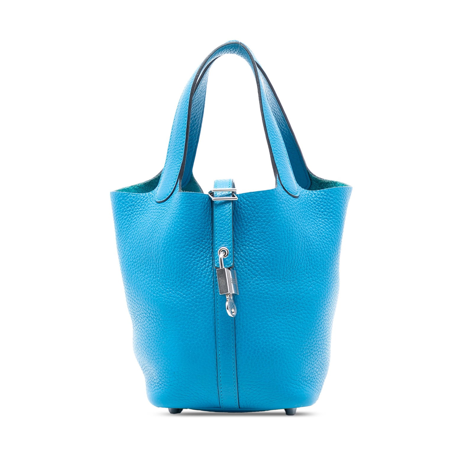 Hermes Picotin Lock 18 Blue Frida Clemence Leather Handbag: Hermes Picotin Lock 18 Blue Frida Clemence Leather Handbag This Hermes Picotin Lock 18 bag is crafted from Clemence leather in Blue Frida and features flat leather handles and a top pull-through strap