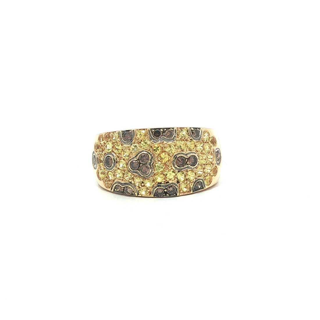 18k Yellow Gold Sapphire Cognac Diamond Cigar Band Ring Size 9.5: 18k Yellow Gold Sapphire Cognac Diamond Cigar Band Ring Size 9.5 This elegant wide cigar band ring is crafted from solid 18k yellow gold and features a striking combination of natural yellow sapphires