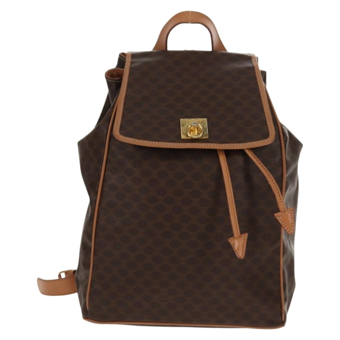 Celine Macadam Coated Canvas Brown Drawstring Backpack Vintage: Celine Macadam Coated Canvas Brown Drawstring Backpack Vintage This vintage Celine drawstring flap backpack for women is crafted from brown coated canvas with leather accents. It features a drawstring