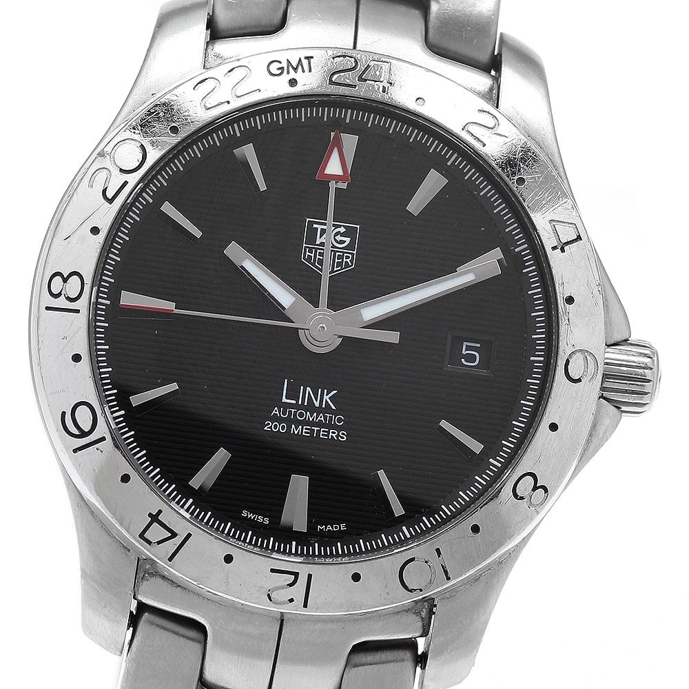 TAG Heuer Link GMT Automatic Men's Stainless Steel Watch WJF2116: TAG Heuer Link GMT Automatic Men's Stainless Steel Watch WJF2116 This TAG Heuer Link GMT Date men's wristwatch features a stainless steel case and band with a black dial. The watch is equipped with au