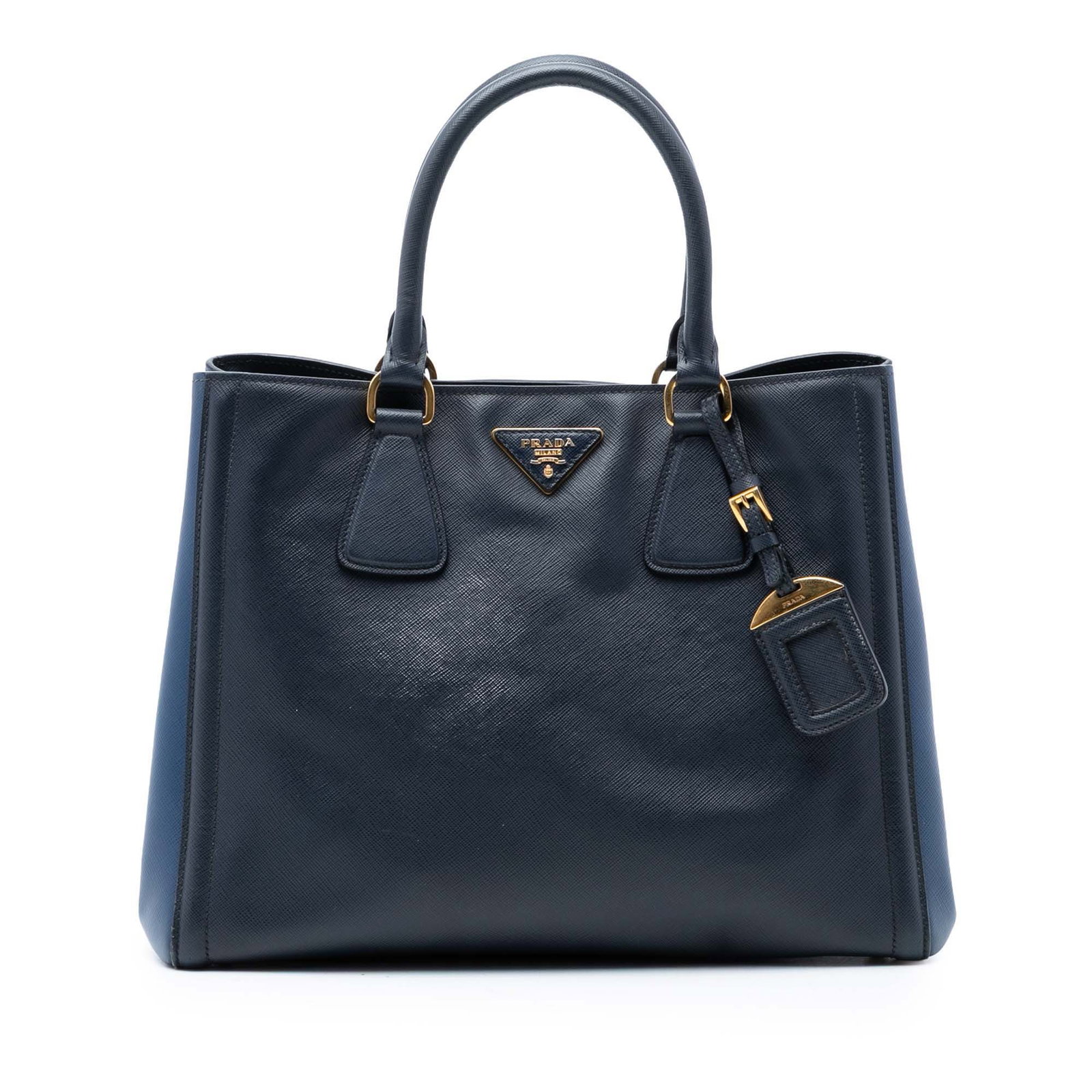 Prada Galleria Medium Satchel in Bicolor Saffiano Leather Blue: Prada Galleria Medium Satchel in Bicolor Saffiano Leather Blue This Prada Medium Bicolor Saffiano Lux Galleria Satchel features a structured saffiano leather body with rolled leather handles, an open 