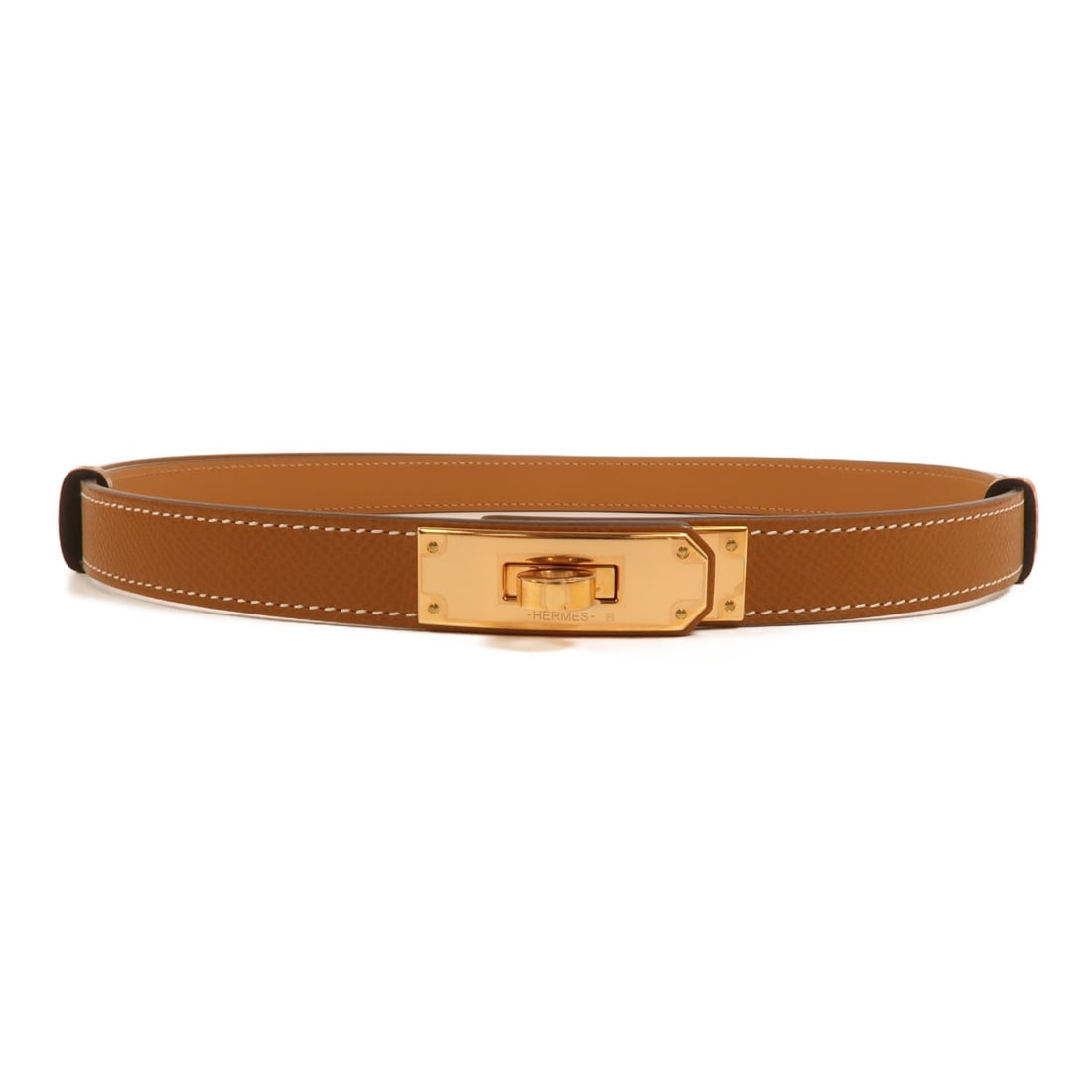 Hermes Kelly 18 Brown Epsom Calfskin Belt with Gold Hardware: Hermes Kelly 18 Brown Epsom Calfskin Belt with Gold Hardware This is a women's Hermes Kelly 18 belt crafted from Epsom calfskin leather in a gold brown color. The belt features gold-tone hardware and 