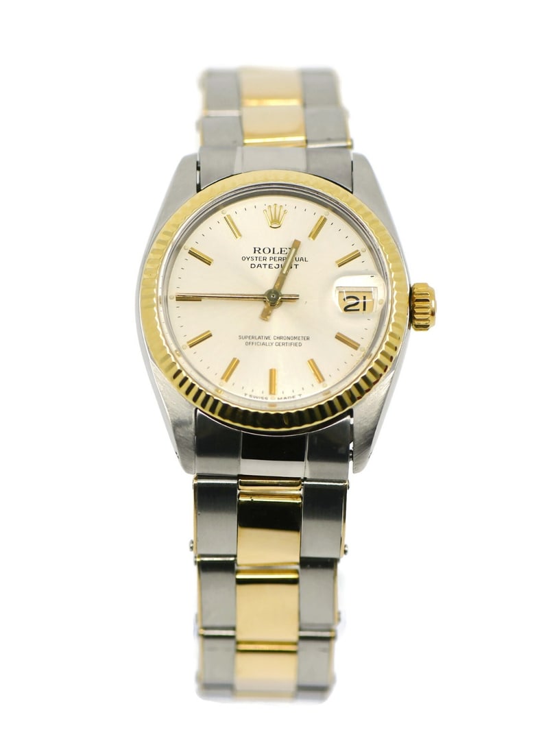 31mm Datejust Reference 6827 Ladies Wristwatch in 18K and Steel with Box: 31mm Datejust Reference 6827 Ladies Wristwatch in 18K and Steel with Box This Rolex Datejust 31 wristwatch features a 31 mm stainless steel case paired with an 18K gold bezel. Designed for women, it i