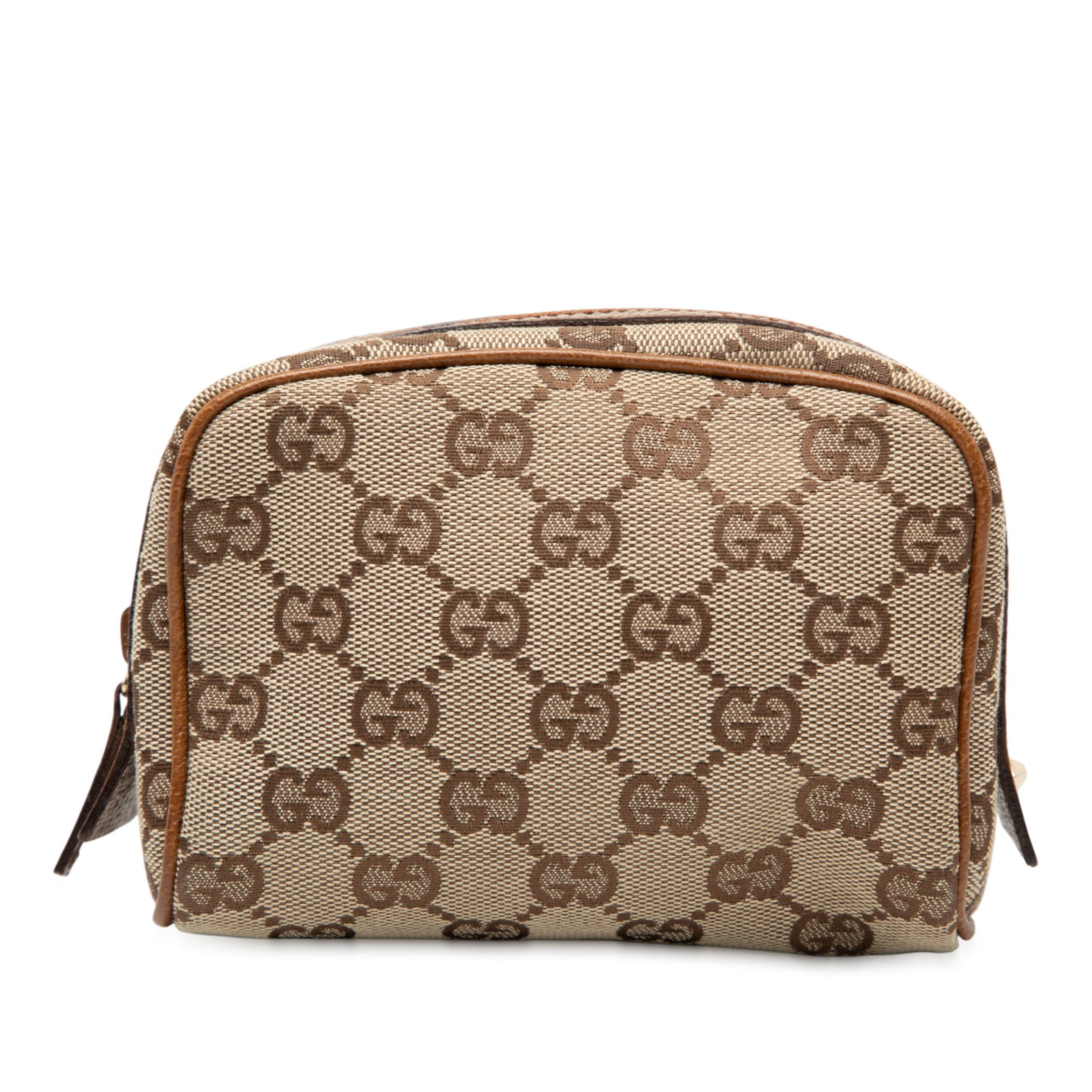 Beige GG Canvas Coin Purse with Leather Trim by Gucci: Beige GG Canvas Coin Purse with Leather Trim by Gucci This Gucci GG Canvas Pouch features a durable canvas body with leather trim and a top zip closure. The pouch is designed in beige and exhibits sig