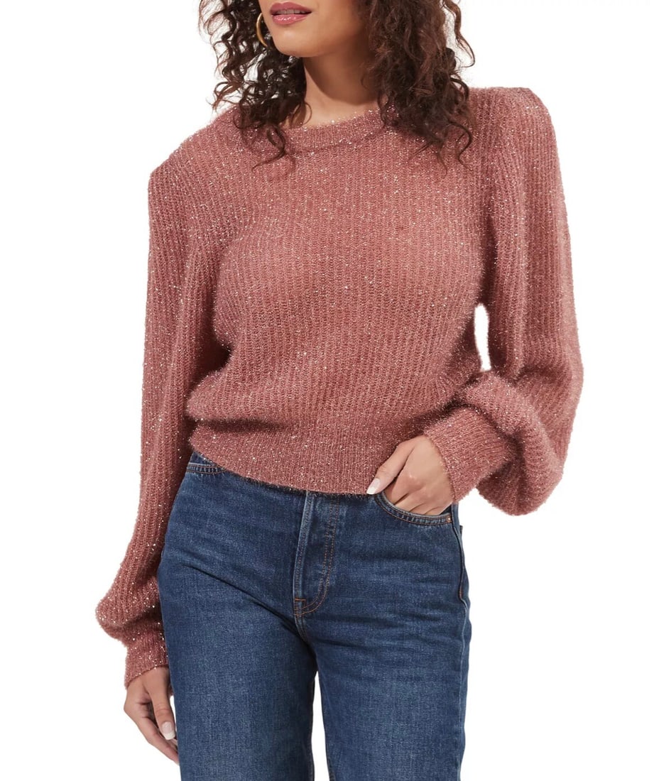 ASTR Arlene Pullover Sweater Rose Sparkle Puff Sleeves M (1 of 1)