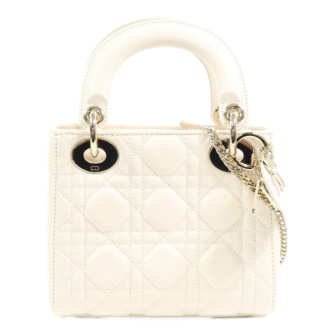 Dior Lady Dior Mini White Lambskin 2 Way Shoulder Bag GHW: Dior Lady Dior Mini White Lambskin 2 Way Shoulder Bag GHW This Lady Dior Mini 2Way Shoulder Bag features luxurious white lambskin leather and gold-tone hardware. Designed for versatility, it can be ca