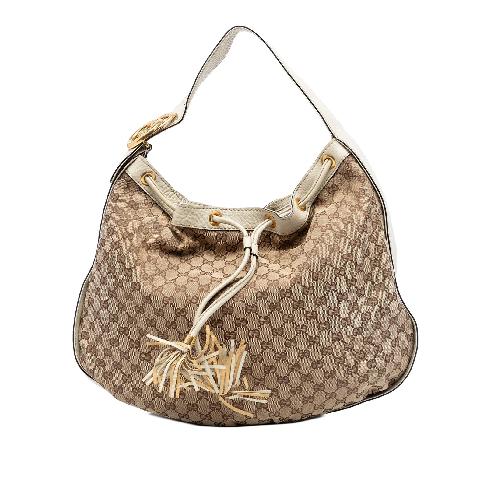 Beige GG Canvas Drawstring Hobo Shoulder Bag by Gucci: Beige GG Canvas Drawstring Hobo Shoulder Bag by Gucci This Gucci GG Canvas Interlocking Icon Drawstring Hobo features a beige canvas body with leather trim, a flat leather strap, and an open top with 