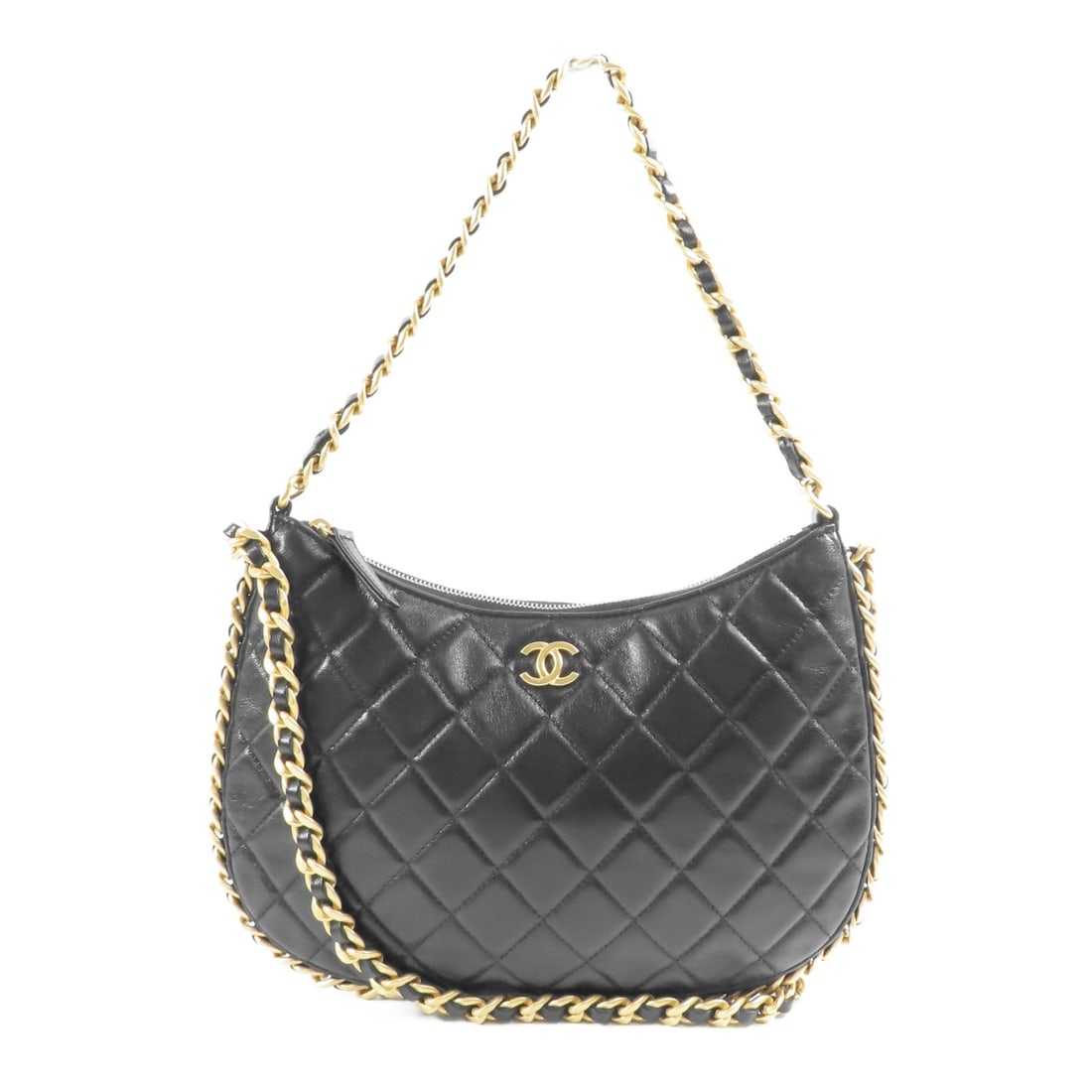 CHANEL Matelasse 2way Shoulder Bag Black Lambskin CC GHW: CHANEL Matelasse 2way Shoulder Bag Black Lambskin CC GHW This CHANEL 2-way shoulder bag is crafted from luxurious black lambskin leather and features the iconic CC design. The bag is equipped with a c