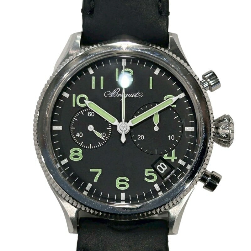 Breguet Type 20 Automatic Chronograph Steel 42mm Date Display: Breguet Type 20 Automatic Chronograph Steel 42mm Date Display This Breguet Type 20 Chronograph men's wristwatch features a stainless steel case with a black dial and a leather strap. It is powered by 