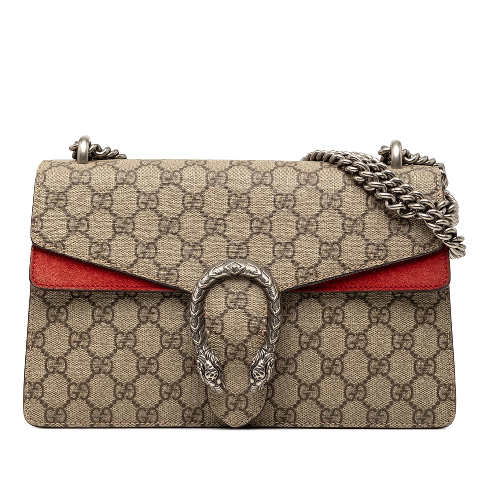 Gucci Dionysus Medium GG Supreme Canvas Shoulder Bag with Suede Trim: Gucci Dionysus Medium GG Supreme Canvas Shoulder Bag with Suede Trim This Gucci Medium GG Supreme Dionysus Shoulder Bag features a coated canvas body with suede leather trim, chain link shoulder strap